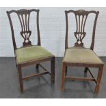 Two oak side chairs with shaped top rail, vertical splat backs and upholstered seats, 98 x 40cm (2)