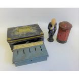 Two vintage cash tins, a novelty GPO letter box money bank and a Winston Churchill figure (4)