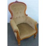Mahogany framed armchair with buttonback upholstery, 105 x 65cm