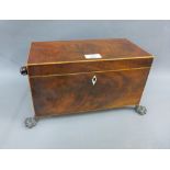 19th century mahogany veneered tea caddy, the hinged lid opening to reveal three compartments with