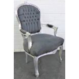 silver giltwood open armchair with grey upholstered back, arms and seat, 96 x 58cm