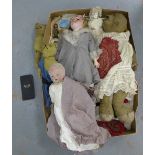 Box containing vintage toys, dolls and teddies, together with some clothing etc., to include a