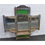 Indian wall mounted three part mirror in distressed painted wood with green glass, 76 x 80cm