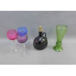 Coloured glass to include three etched wine glasses, a gin flask and a German style goblet (5)