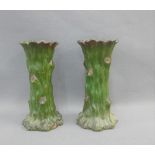 Pair of Wardle green glazed oak patterned spill vases, 17.5cm high, (2)