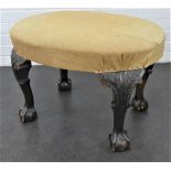 Mahogany stool with upholstered top and standing on cabriole legs with ball and claw feet, 44 x 68cm