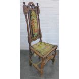 Oak high back chair with floral upholstered back and needlework slip in seat, 120 x 46cm