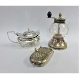Silver mustard, Birmingham 1909 together with an Epns and glass pepper mill / grinder and a