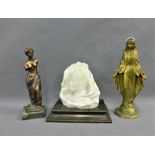 Gilt metal Madonna figure together with a Venus de Milo figure and a white hardstone bust of