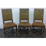 Three late 19th century chairs with worn and embossed backs and seat, with carved supports and