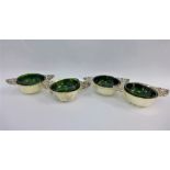 Set of four silver quaich style salts, Josiah Williams & Co, London 1913, with green glass liners,