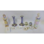 Mixed lot to include a pair of hand painted purple glazed candlesticks, Royal Albert trinkets,