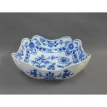 Meissen 'Blue Onion' patterned blue and white dish of square form with wavy rim and blue cross sword