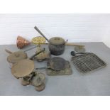 Carton containing a large quantity of mixed metal wares to include a copper dolly, a brass trivet,