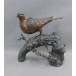 Japanese bronze Pigeon, modelled perched upon a branch with blossom, with a small detachable