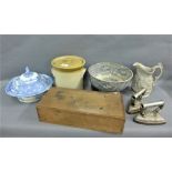 Mixed lot to include a stoneware crock and cover, two flat irons, a pine box, a Staffordshire