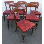 Victorian set of six mahogany balloon back chairs with red button upholstered seats, 92 x 54cm (6)
