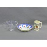 Sponge ware bowl, a J. Heriot, Isle of Bute pheasant patterned jug and a glass cake stand, (3)