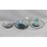 Holmegaard smoked grey glass bowl, together with two others, a candlestick etc., (5)