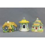 Staffordshire pottery pastille burner, Staffordshire cottage and a money bank, tallest 12cm, (3)