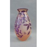 Cameo glass baluster vase with flower and foliage pattern, signed Val, 18.5cm high