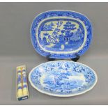 Staffordshire blue and white 'Willow' patterned ashet, an Adams blue and white oval ashet with