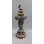 Bronze Koro and cover on a Dragon embossed pedestal base, height overall 32cm