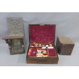 Mixed lot to include a rosewood veneered sewing box, an oak plinth and a block of mahogany, (3)