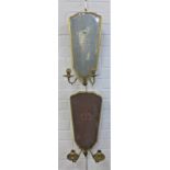 A pair of gilt framed oval wall appliques with mirrored glass panels and twin branch sconces, 50 x