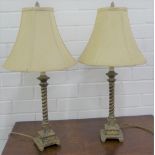 Pair of faux giltwood spiral stem table lamps and shades, 40cm (2)