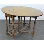 Oak gate leg table with bobbin turned legs, 74 x 134cm