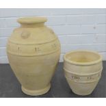 Two stone vases with impressed Roman numerals, largest 40 x 30cm (2)