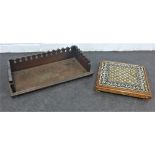 Carved oak book tray and a bead work pot stand, 12 x 45cm (2)