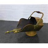 Brass coal bucket with fireside accessories, (a lot)