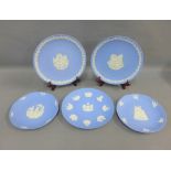 Collection of five Wedgwood blue and white Jasperware plates to include London Landmarks, etc., (5)