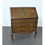 Mahogany bureau with three graduating long drawers on cabriole legs, 96 x 77cm