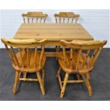 Pine kitchen dining set comprising set of four spindle back chairs and table, 74 x 102cm, (5)