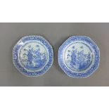 Pair of Chinese 18th century blue and white octagonal plates, typically painted with flowers,
