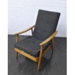 Mid century teak framed open armchair with upholstered back seat , 86 x 60cm (a/f)