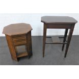 Early 20th century oak sewing box table together with a small side table, 70 x 54cm
