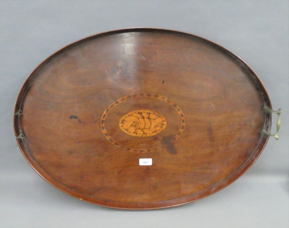 Large 19th century mahogany and inlaid oval tray with shell paterae centre, 75 x 55cm (a/f)