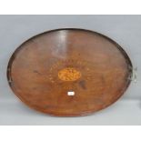 Large 19th century mahogany and inlaid oval tray with shell paterae centre, 75 x 55cm (a/f)