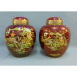 Large pair of Carlton ware Rouge Royale ginger jar vases with covers in Mikado pattern, with printed