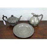 A pewter teapot, tray and jug (3)
