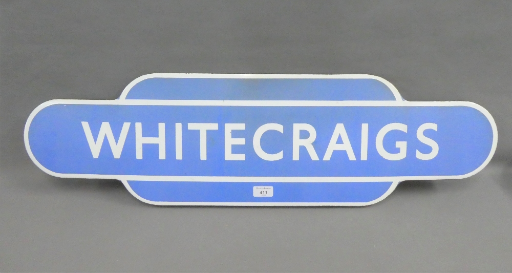 An original British Railways blue and white enamel totem station sign 'Whitecraigs', (Scottish