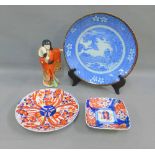 Collection of Japanese pottery and porcelain to include a blue and white plate, two Imari dishes and