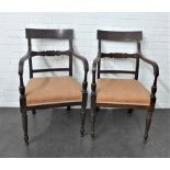 Pair of 19th century mahogany open armchairs with horizontal splat, upholstered seats and turned