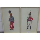 Pair of coloured prints to include 'First Foot Guards Field Officer' etc., in glazed frames, 28 x