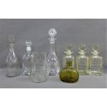 Quantity of 19th century and later glassware to include three spirit decanters with stoppers, a vine