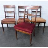 Set of four mahogany side chairs with horizontal solid splat, each with different upholstered